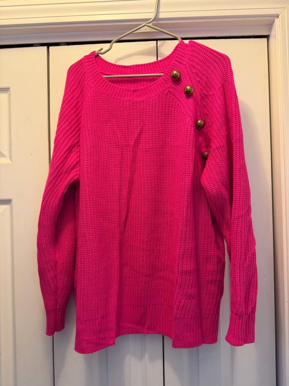 Shein Women’s Hot Pink Button-Shoulder Knit Sweater